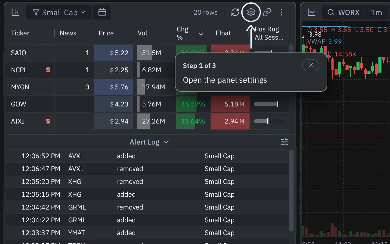 Edge AI walkthrough on the Small Cap scanner: the panel's settings gear ringed, with a pointer line and a "Step 1 of 3: Open the panel settings" card