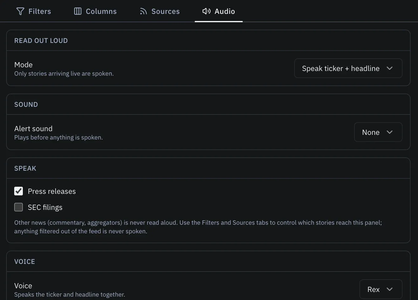 News Config on the Audio tab: Read out loud set to Speak ticker + headline, no alert sound, press releases checked for speaking, and the Rex voice