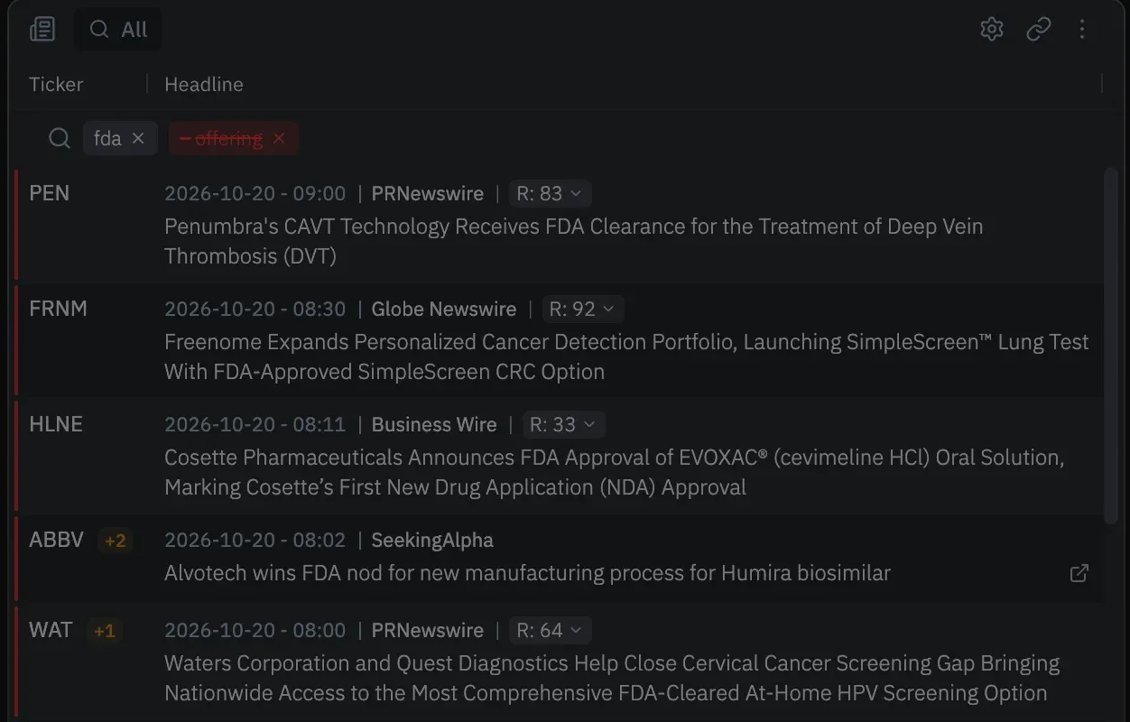 News feed narrowed by an "fda" keyword chip and a struck-through "-offering" exclusion, listing FDA headlines with their sources and R-score badges